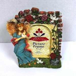 Vtg 90s Guardian Angel Resin PhotoFrame Dove Floral Roses Garden Victorian Fairy